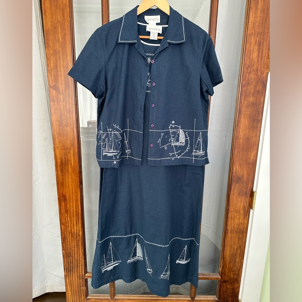 Vintage Casual Corner Linen Blend Dress Jacket Set Midi Classic Small Sailboats